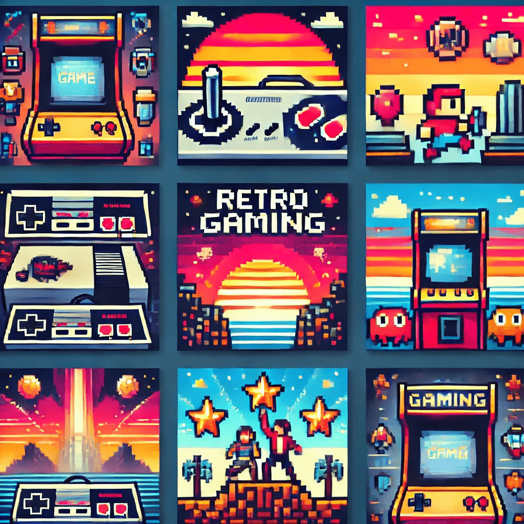 User_Random_pic·E 2024-07-27 19.37.48 - Create a series of beautiful placeholder images with a retro gaming theme. These images should feature vibrant colors, pixel art style, and iconic ele