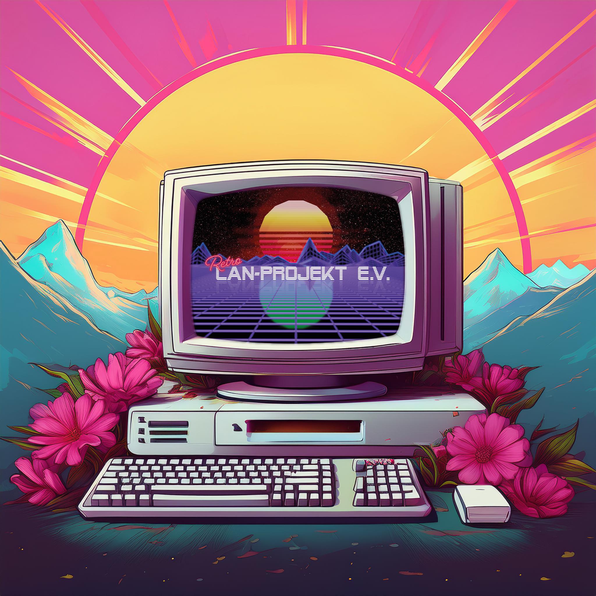 Retro-PC vor Frühlingslandschaft mit Berg – Eventgrafik der 15. Retro LAN-Party im Mai 2027